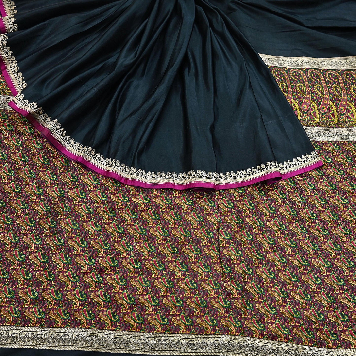 Indian Vintage Sari Black Heavy Wedding Pure Satin Silk Woven Banarasi Tanchoi Saree 5Yd Ethnic Craft Fabric Upcycle Bridal Heavy Sarees
