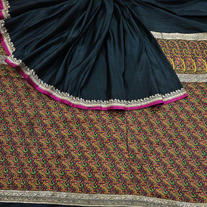 Indian Vintage Sari Black Heavy Wedding Pure Satin Silk Woven Banarasi Tanchoi Saree 5Yd Ethnic Craft Fabric Upcycle Bridal Heavy Sarees