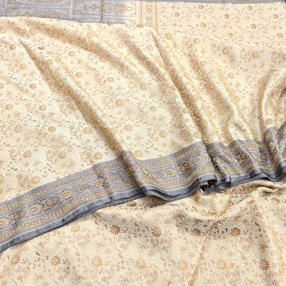 Vintage Beige & Gray Banarasi Silk Saree Pure Satin Silk Handwoven Tanchoi Fabric with Floral Weave 5 Yard Dressmaking Craft Material