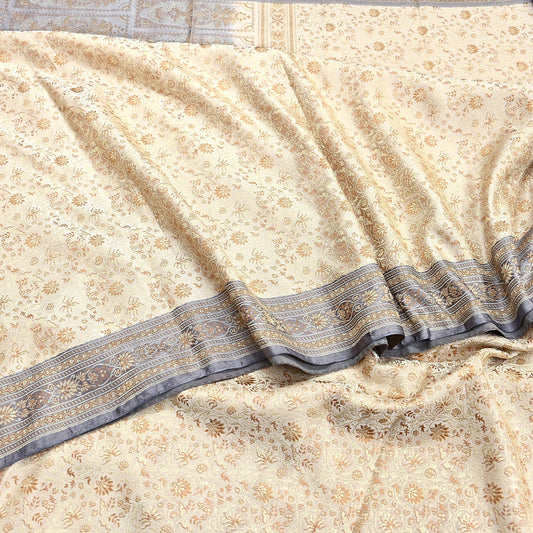 Vintage Beige & Gray Banarasi Silk Saree Pure Satin Silk Handwoven Tanchoi Fabric with Floral Weave 5 Yard Dressmaking Craft Material