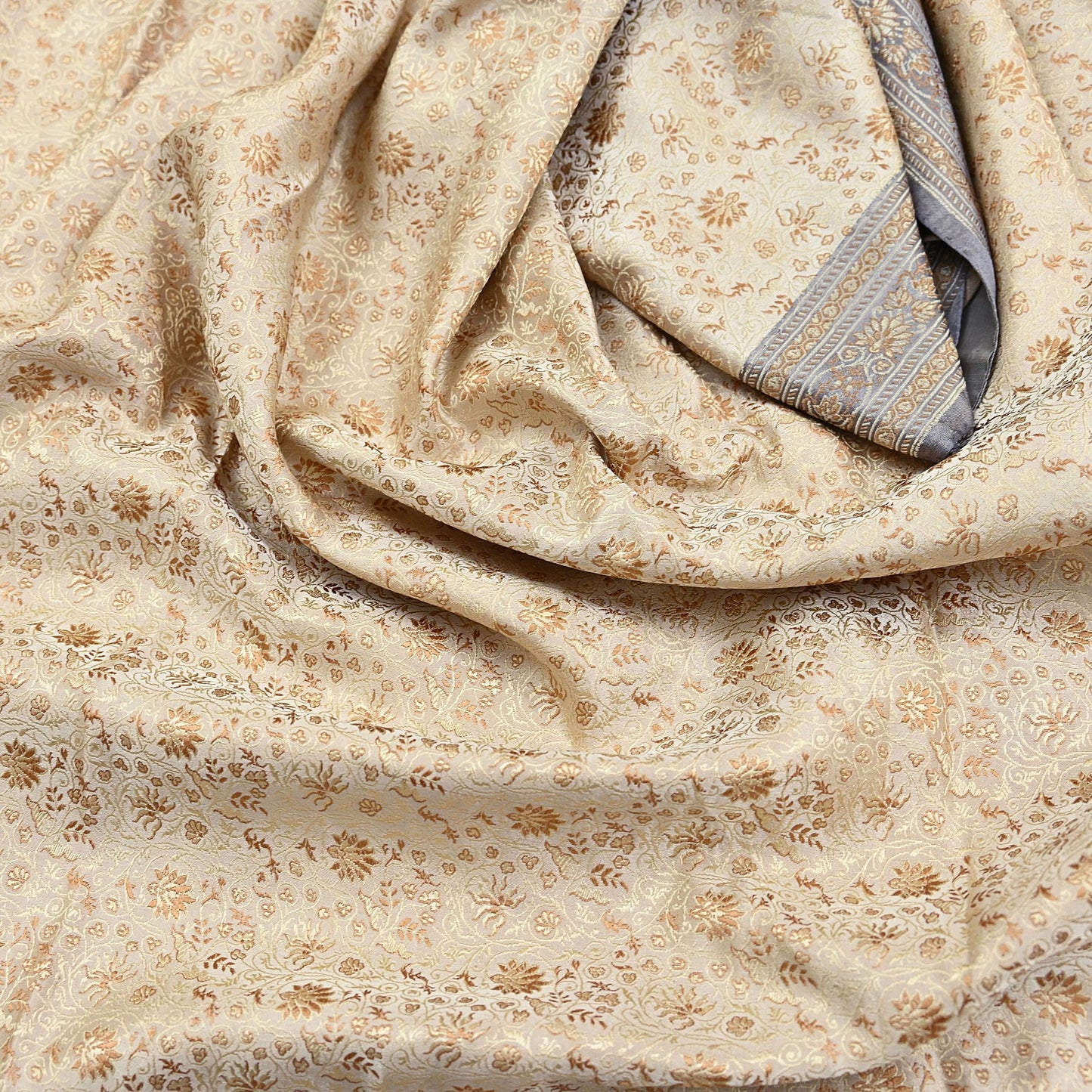 Vintage Beige & Gray Banarasi Silk Saree Pure Satin Silk Handwoven Tanchoi Fabric with Floral Weave 5 Yard Dressmaking Craft Material