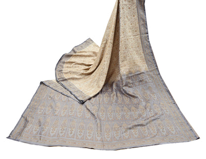 Vintage Beige & Gray Banarasi Silk Saree Pure Satin Silk Handwoven Tanchoi Fabric with Floral Weave 5 Yard Dressmaking Craft Material