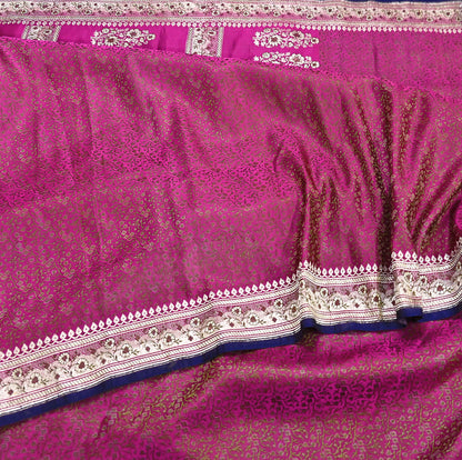 Indian Vintage Sari Pink Heavy Wedding Pure Satin Silk Woven Banarasi Tanchoi Saree 5Yd Ethnic Craft Fabric Upcycle Bridal Heavy Sarees