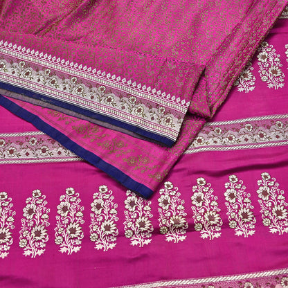 Indian Vintage Sari Pink Heavy Wedding Pure Satin Silk Woven Banarasi Tanchoi Saree 5Yd Ethnic Craft Fabric Upcycle Bridal Heavy Sarees