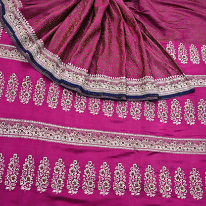 Indian Vintage Sari Pink Heavy Wedding Pure Satin Silk Woven Banarasi Tanchoi Saree 5Yd Ethnic Craft Fabric Upcycle Bridal Heavy Sarees