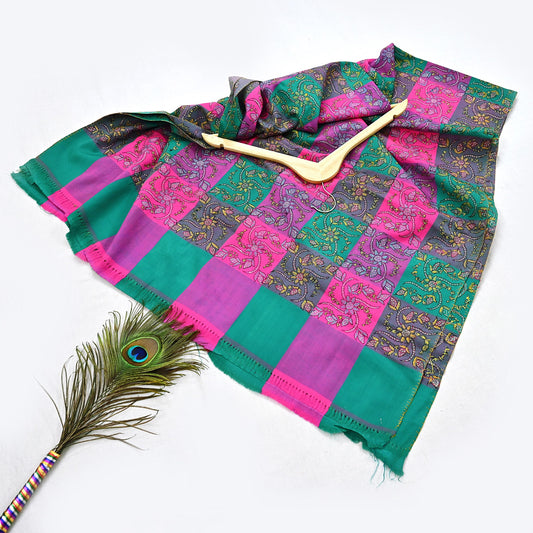 Indian Vintage Green & pink Shawl Pure Woolen Handmade Suzani Long Throw Stole Warm Floral Design Soft Cozy