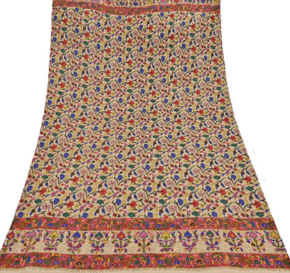 Vintage Kashmiri Aari Embroidery Shawl Beige Pure Wool Wrap Handcrafted Chain Stitch Kashida Stole Christmas Gift for Her