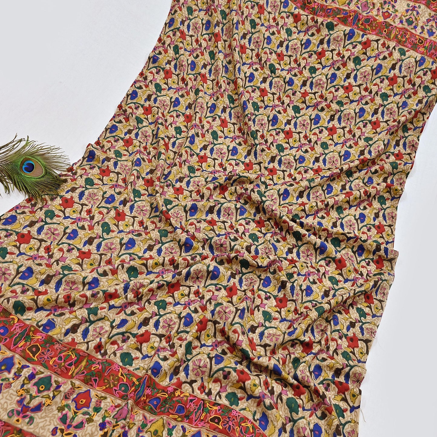 Vintage Kashmiri Aari Embroidery Shawl Beige Pure Wool Wrap Handcrafted Chain Stitch Kashida Stole Christmas Gift for Her