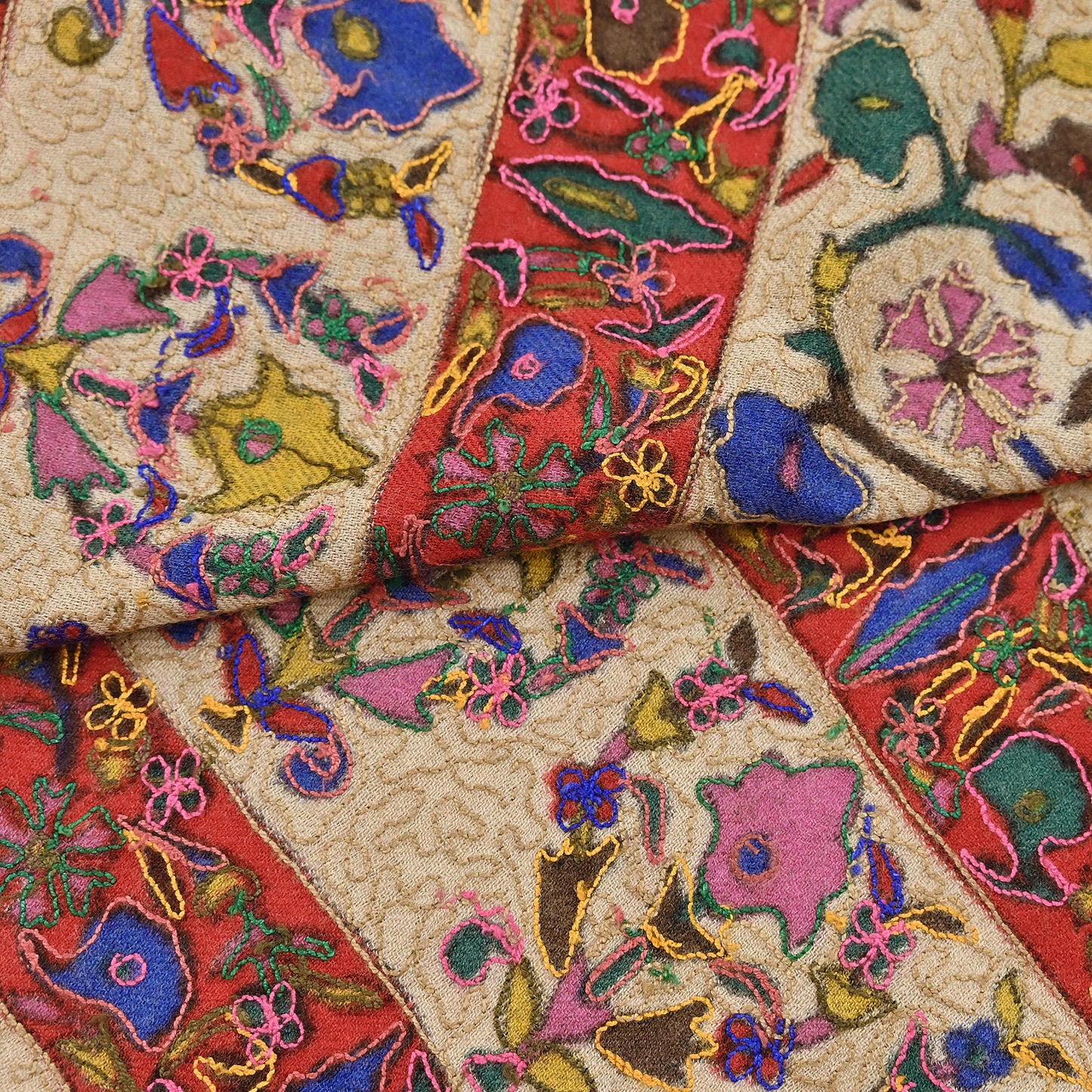 Vintage Kashmiri Aari Embroidery Shawl Beige Pure Wool Wrap Handcrafted Chain Stitch Kashida Stole Christmas Gift for Her