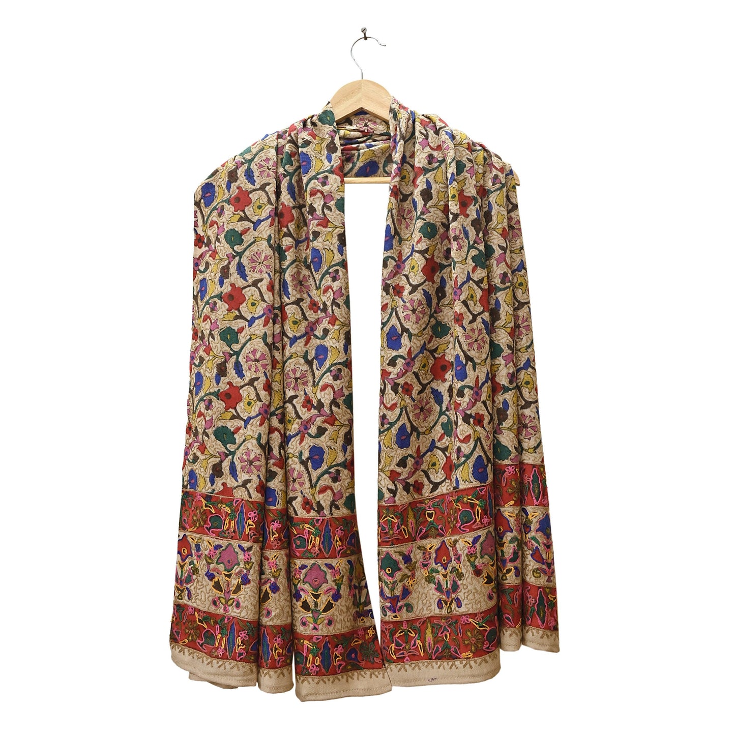 Vintage Kashmiri Aari Embroidery Shawl Beige Pure Wool Wrap Handcrafted Chain Stitch Kashida Stole Christmas Gift for Her