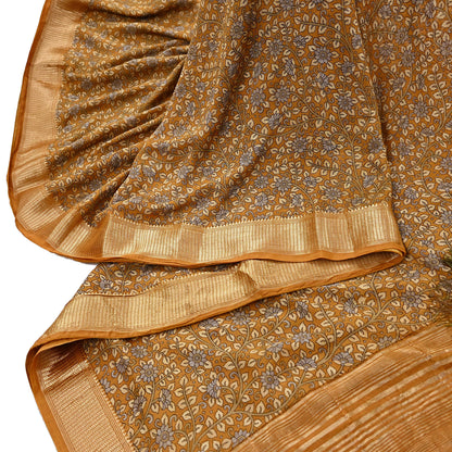 Indian Vintage Green Saree Block Printed Sari chanderi Silk Sari Craft Fabric 5Yd Floral Soft Zari Dress making Bollywood saree Birds
