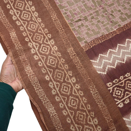 Indian Vintage Bronw & Green Saree Pure Khadi Silk Handloom Printed Sari Fabric 5yd Ethnic Wear Sari Floral Designs Dress making Crafting
