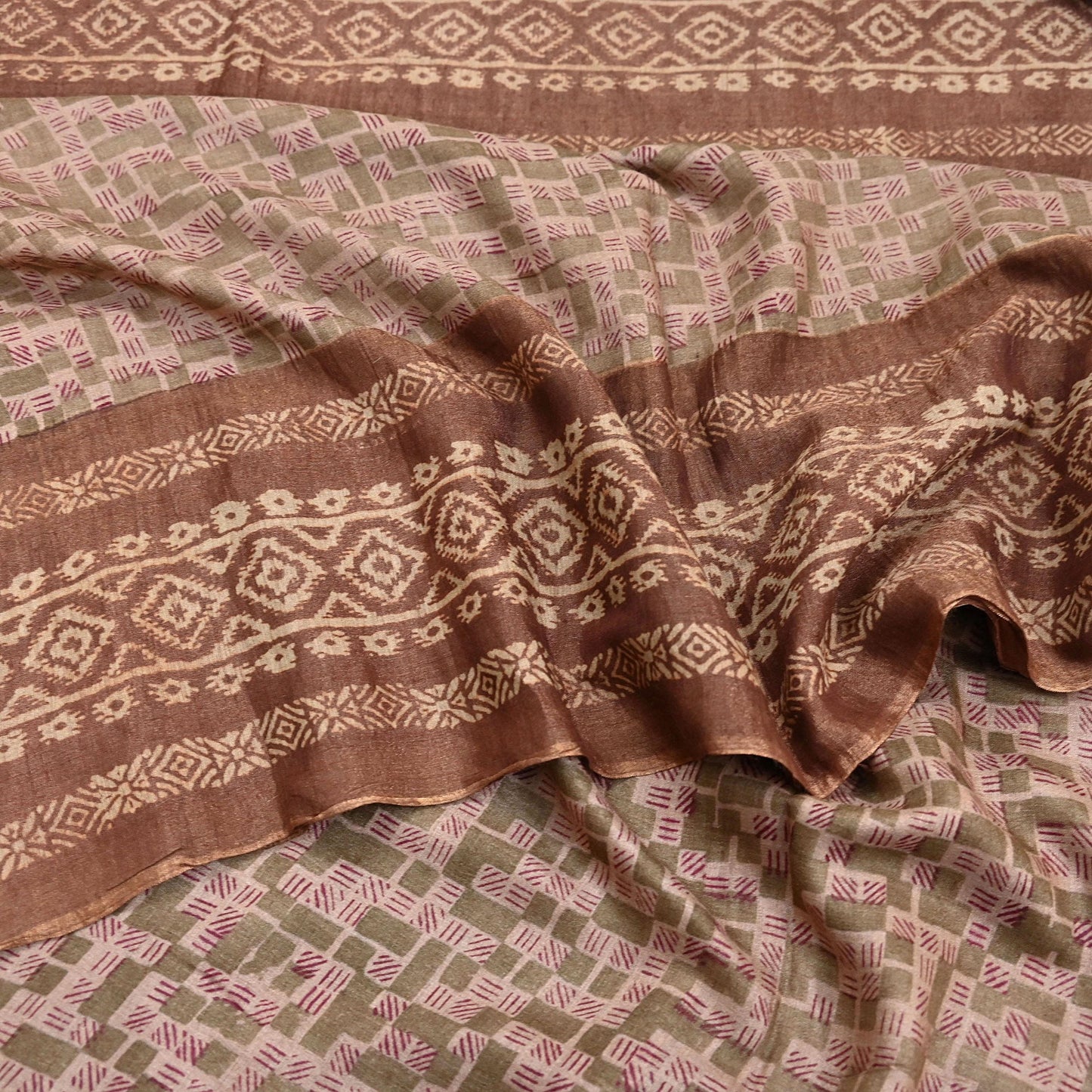 Indian Vintage Bronw & Green Saree Pure Khadi Silk Handloom Printed Sari Fabric 5yd Ethnic Wear Sari Floral Designs Dress making Crafting