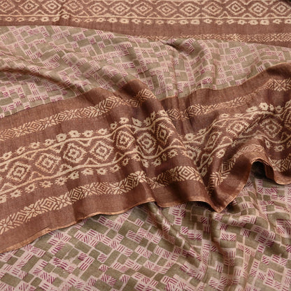 Indian Vintage Bronw & Green Saree Pure Khadi Silk Handloom Printed Sari Fabric 5yd Ethnic Wear Sari Floral Designs Dress making Crafting