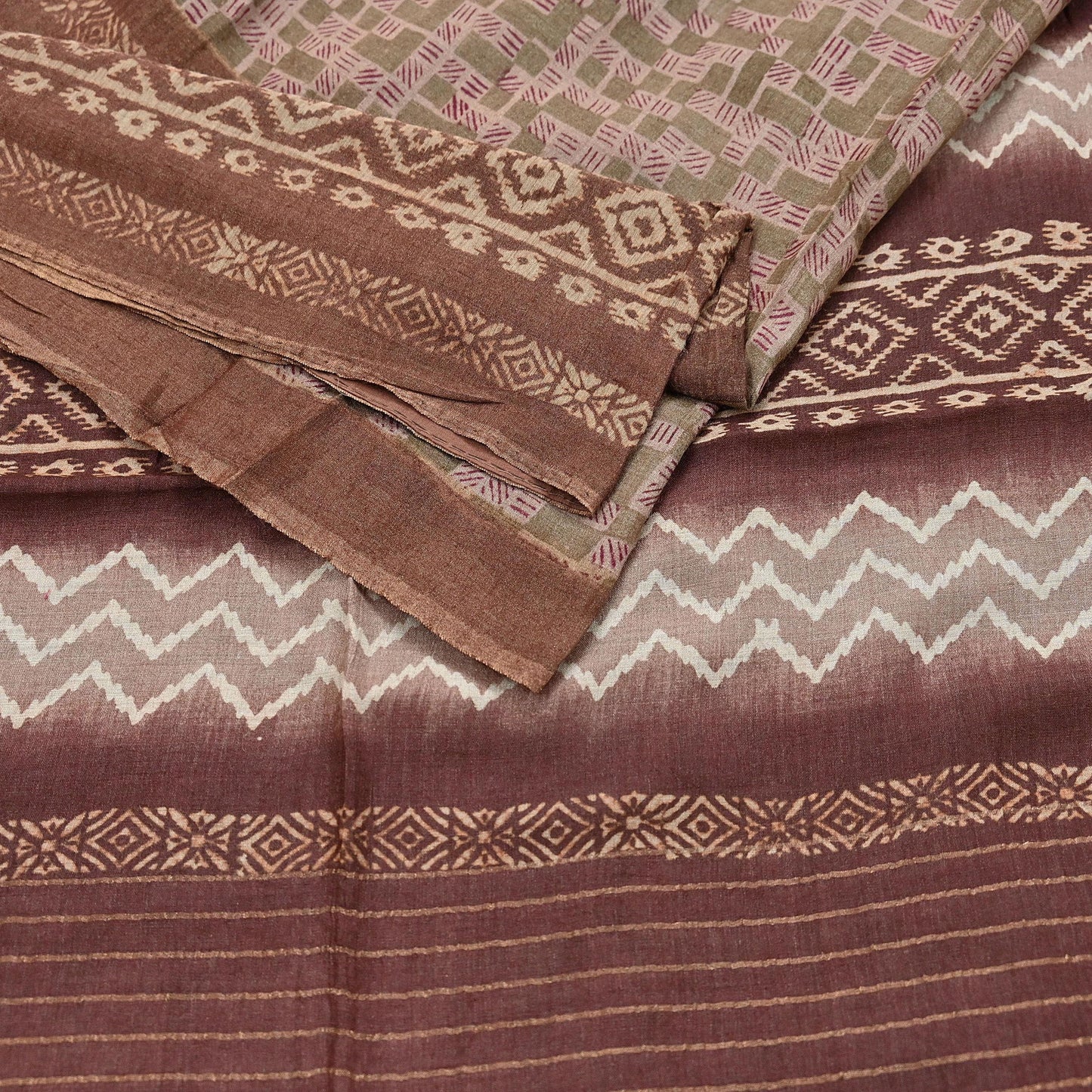 Indian Vintage Bronw & Green Saree Pure Khadi Silk Handloom Printed Sari Fabric 5yd Ethnic Wear Sari Floral Designs Dress making Crafting