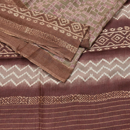 Indian Vintage Bronw & Green Saree Pure Khadi Silk Handloom Printed Sari Fabric 5yd Ethnic Wear Sari Floral Designs Dress making Crafting
