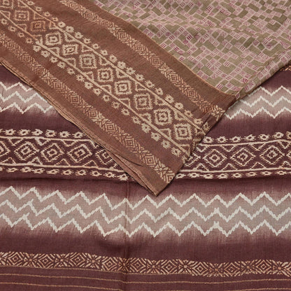 Indian Vintage Bronw & Green Saree Pure Khadi Silk Handloom Printed Sari Fabric 5yd Ethnic Wear Sari Floral Designs Dress making Crafting