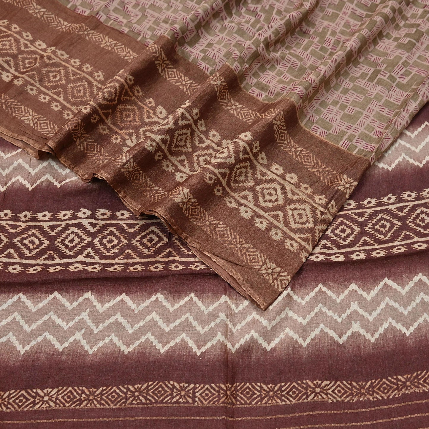 Indian Vintage Bronw & Green Saree Pure Khadi Silk Handloom Printed Sari Fabric 5yd Ethnic Wear Sari Floral Designs Dress making Crafting