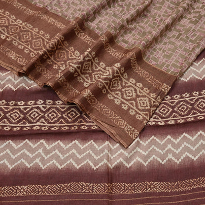 Indian Vintage Bronw & Green Saree Pure Khadi Silk Handloom Printed Sari Fabric 5yd Ethnic Wear Sari Floral Designs Dress making Crafting