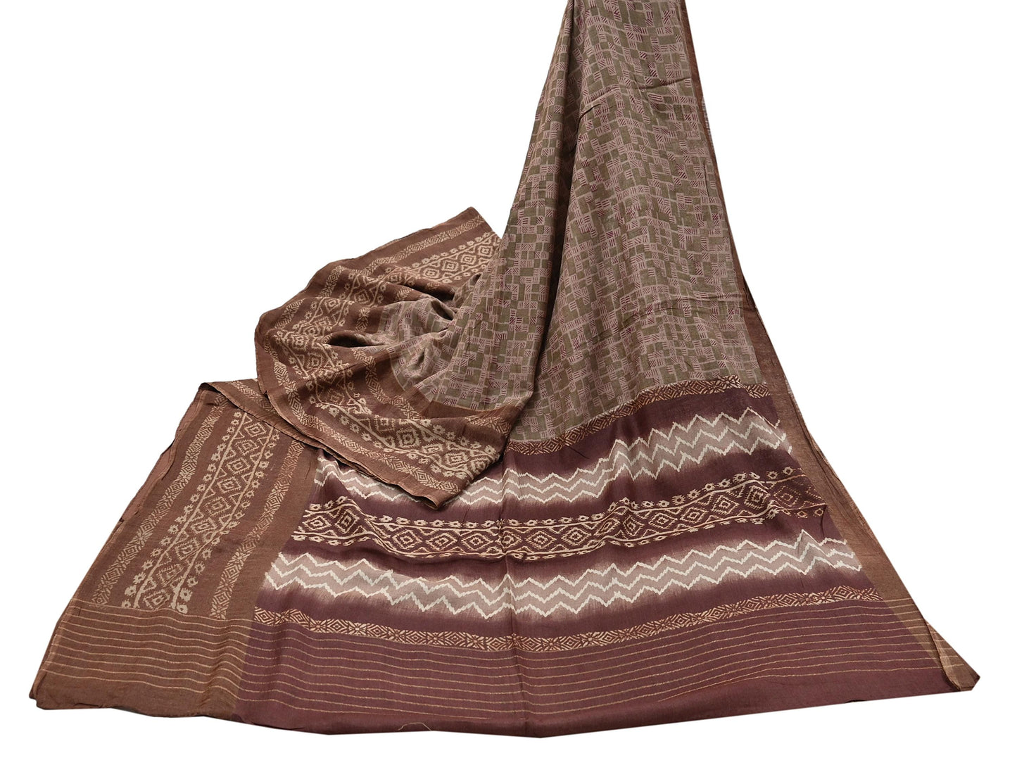Indian Vintage Bronw & Green Saree Pure Khadi Silk Handloom Printed Sari Fabric 5yd Ethnic Wear Sari Floral Designs Dress making Crafting