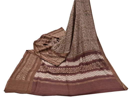 Indian Vintage Bronw & Green Saree Pure Khadi Silk Handloom Printed Sari Fabric 5yd Ethnic Wear Sari Floral Designs Dress making Crafting
