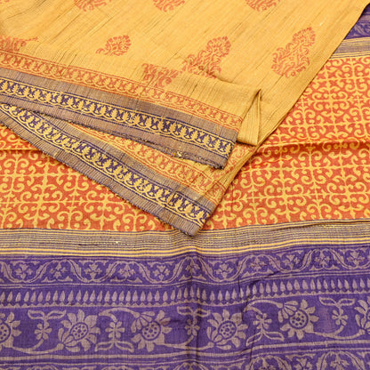 Indian Vintage Heavy Sari Mustard Pure Khadi Silk Handloom Saree Craft Fabric 5yd Ethnic Wear Dress making For Crafting Quilting