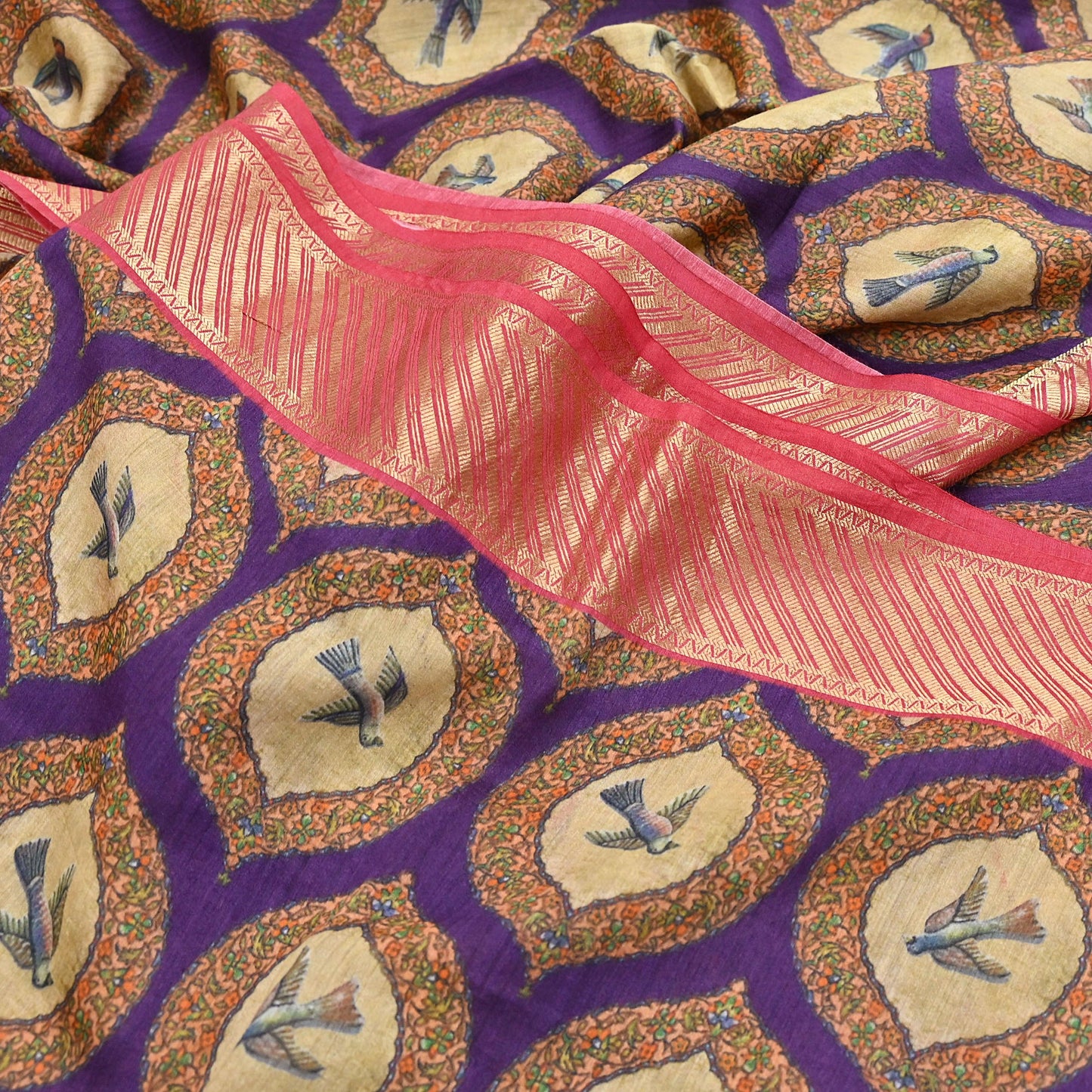 Indian Vintage Saree Purple & Red Pure Khadi Silk Handloom Digital Printed Sari Craft Fabric 5yard Ethnic Wear Sari Dress making Crafting