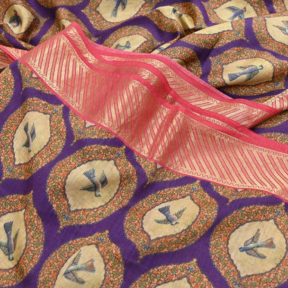 Indian Vintage Saree Purple & Red Pure Khadi Silk Handloom Digital Printed Sari Craft Fabric 5yard Ethnic Wear Sari Dress making Crafting