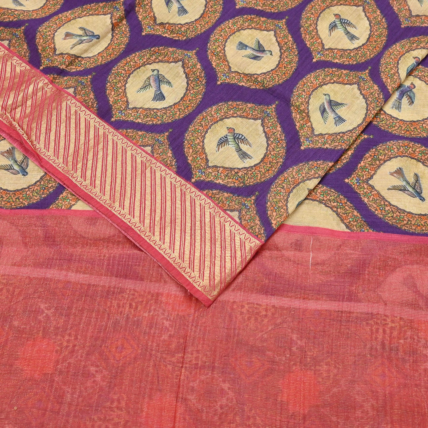 Indian Vintage Saree Purple & Red Pure Khadi Silk Handloom Digital Printed Sari Craft Fabric 5yard Ethnic Wear Sari Dress making Crafting