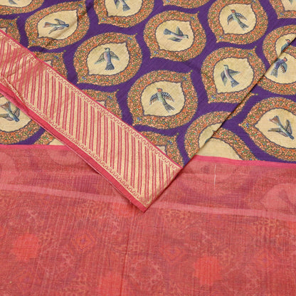 Indian Vintage Saree Purple & Red Pure Khadi Silk Handloom Digital Printed Sari Craft Fabric 5yard Ethnic Wear Sari Dress making Crafting