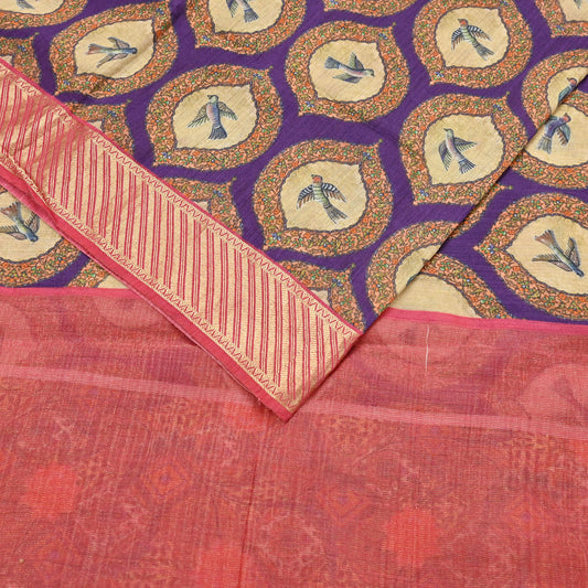 Indian Vintage Saree Purple & Red Pure Khadi Silk Handloom Digital Printed Sari Craft Fabric 5yard Ethnic Wear Sari Dress making Crafting