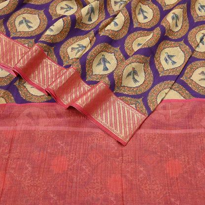 Indian Vintage Saree Purple & Red Pure Khadi Silk Handloom Digital Printed Sari Craft Fabric 5yard Ethnic Wear Sari Dress making Crafting
