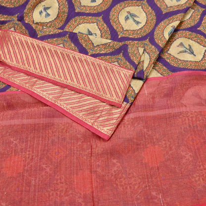 Indian Vintage Saree Purple & Red Pure Khadi Silk Handloom Digital Printed Sari Craft Fabric 5yard Ethnic Wear Sari Dress making Crafting