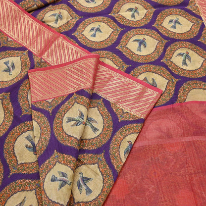 Indian Vintage Saree Purple & Red Pure Khadi Silk Handloom Digital Printed Sari Craft Fabric 5yard Ethnic Wear Sari Dress making Crafting