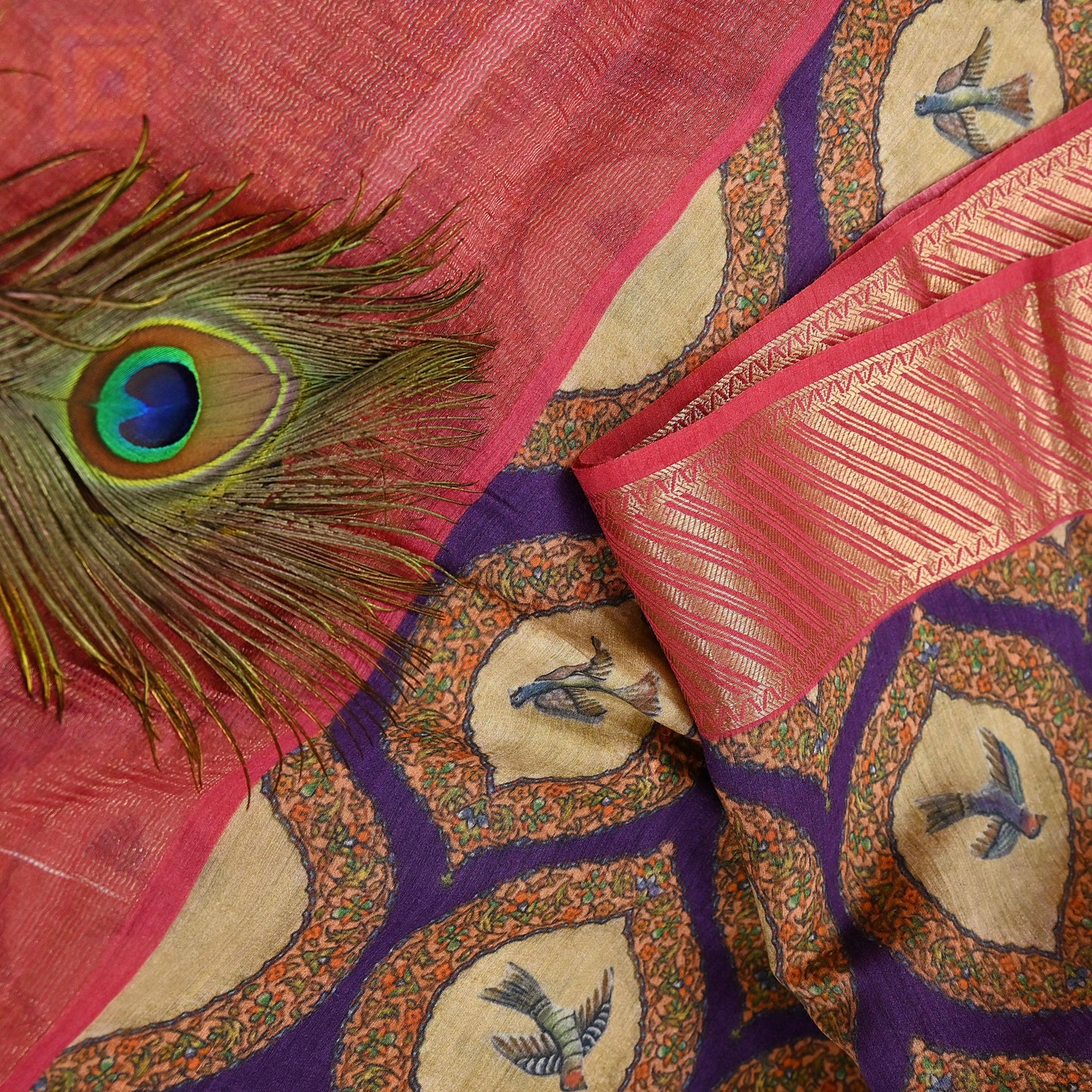 Indian Vintage Saree Purple & Red Pure Khadi Silk Handloom Digital Printed Sari Craft Fabric 5yard Ethnic Wear Sari Dress making Crafting