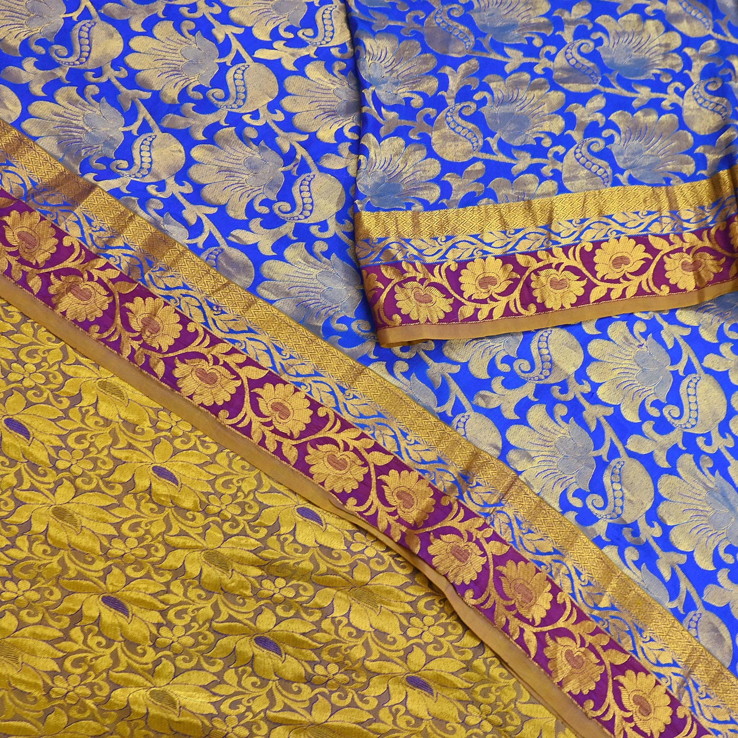Indian Vintage Heavy Royal Blue & green Kanjivaram Saree 100% Pure Silk Sari Metallic Golden Zari 6Yd Floral Crafting with blouse fabric