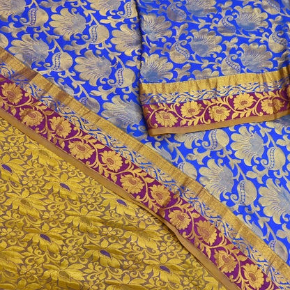 Indian Vintage Heavy Royal Blue & green Kanjivaram Saree 100% Pure Silk Sari Metallic Golden Zari 6Yd Floral Crafting with blouse fabric