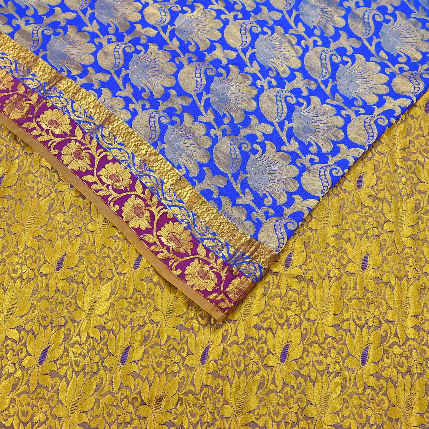 Indian Vintage Heavy Royal Blue & green Kanjivaram Saree 100% Pure Silk Sari Metallic Golden Zari 6Yd Floral Crafting with blouse fabric