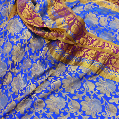 Indian Vintage Heavy Royal Blue & green Kanjivaram Saree 100% Pure Silk Sari Metallic Golden Zari 6Yd Floral Crafting with blouse fabric