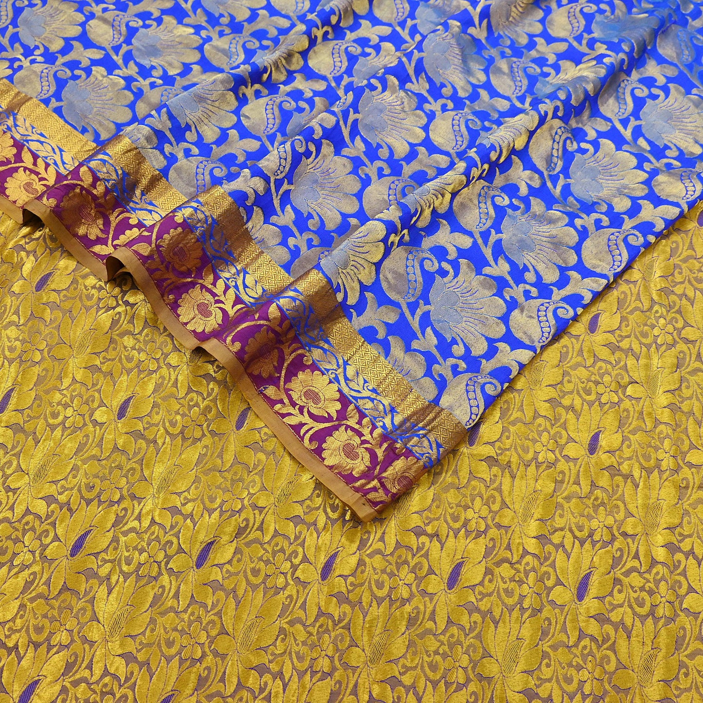 Indian Vintage Heavy Royal Blue & green Kanjivaram Saree 100% Pure Silk Sari Metallic Golden Zari 6Yd Floral Crafting with blouse fabric