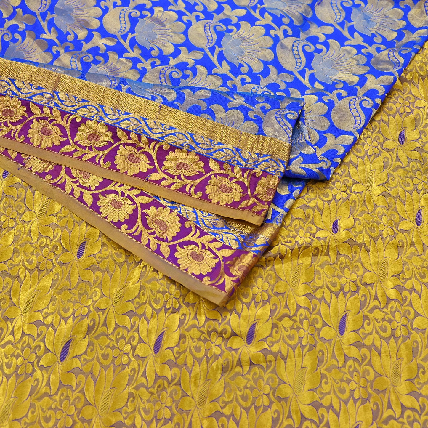 Indian Vintage Heavy Royal Blue & green Kanjivaram Saree 100% Pure Silk Sari Metallic Golden Zari 6Yd Floral Crafting with blouse fabric