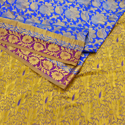 Indian Vintage Heavy Royal Blue & green Kanjivaram Saree 100% Pure Silk Sari Metallic Golden Zari 6Yd Floral Crafting with blouse fabric