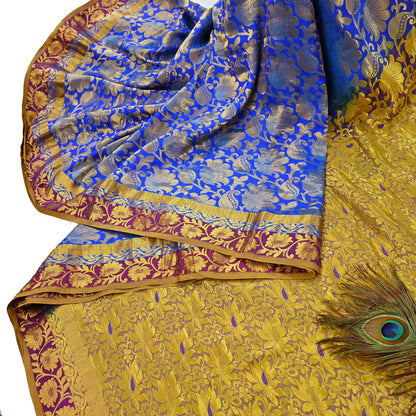 Indian Vintage Heavy Royal Blue & green Kanjivaram Saree 100% Pure Silk Sari Metallic Golden Zari 6Yd Floral Crafting with blouse fabric