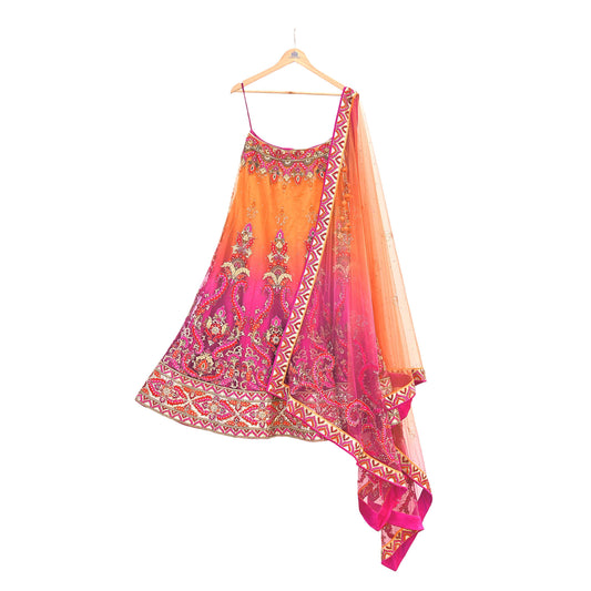Orange & Purple Heavy Hand Embroidered Designer Lehenga Set Net Lehenga Padded Blouse, Dupatta Indian Wedding Outfit Sequins Beaded 3pc Set