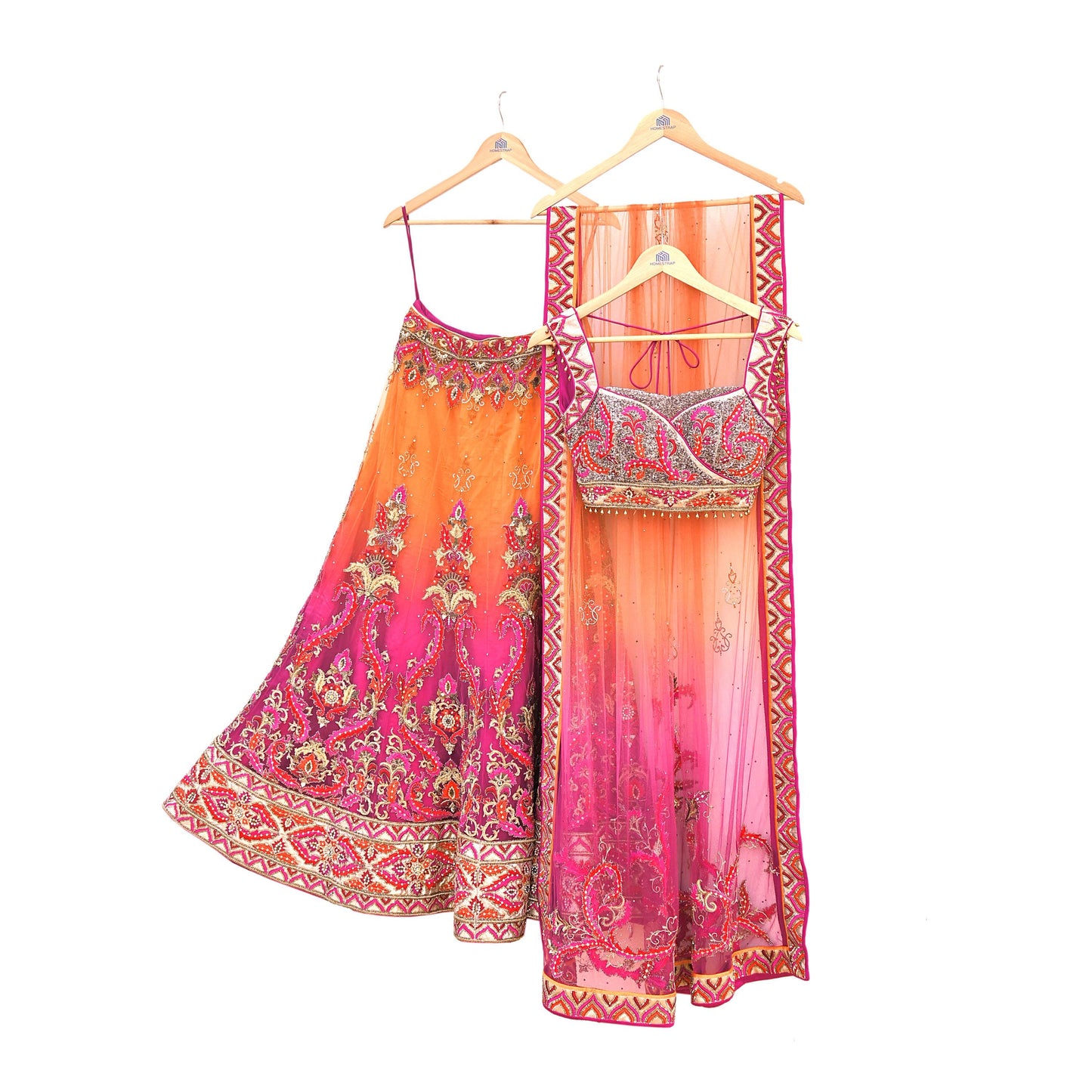 Orange & Purple Heavy Hand Embroidered Designer Lehenga Set Net Lehenga Padded Blouse, Dupatta Indian Wedding Outfit Sequins Beaded 3pc Set