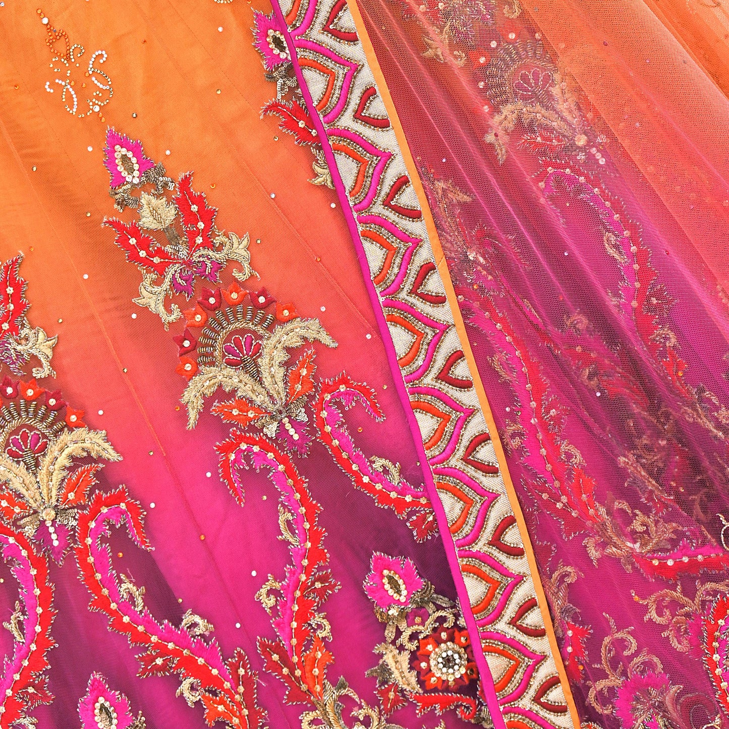 Orange & Purple Heavy Hand Embroidered Designer Lehenga Set Net Lehenga Padded Blouse, Dupatta Indian Wedding Outfit Sequins Beaded 3pc Set