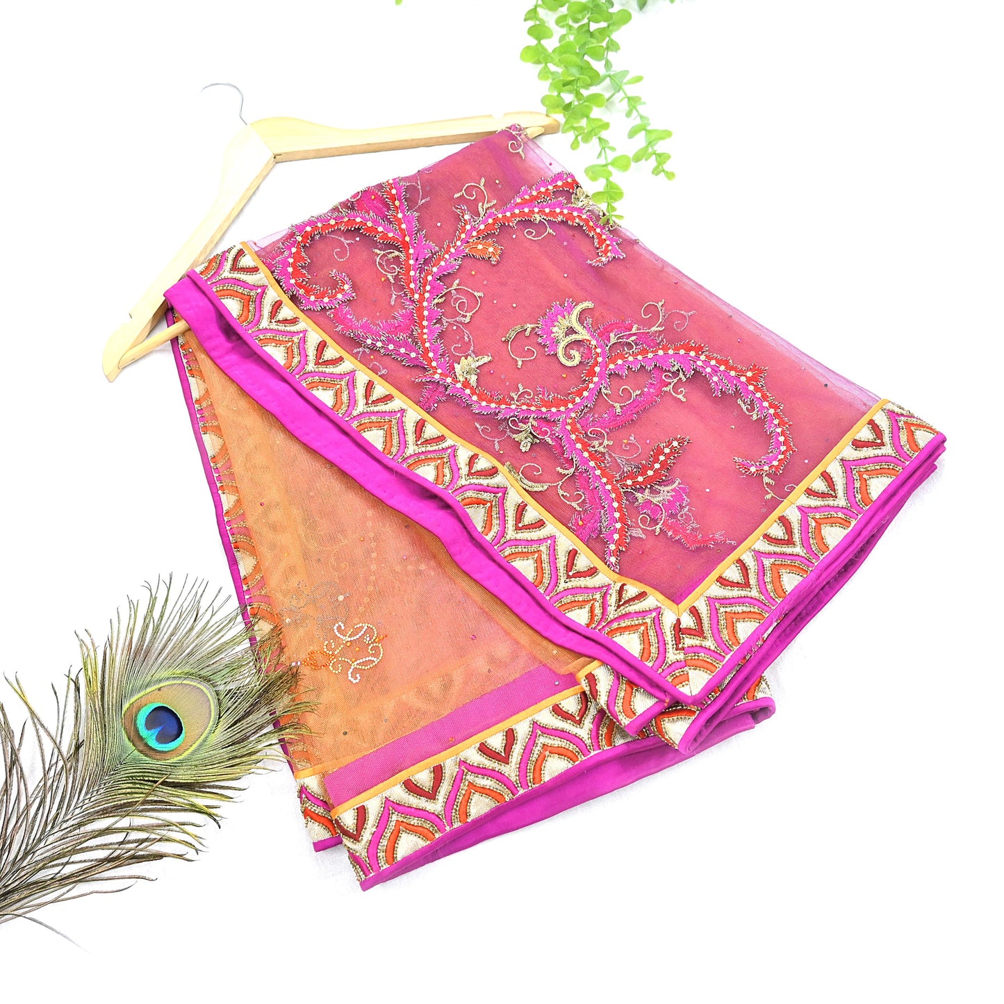Orange & Purple Heavy Hand Embroidered Designer Lehenga Set Net Lehenga Padded Blouse, Dupatta Indian Wedding Outfit Sequins Beaded 3pc Set