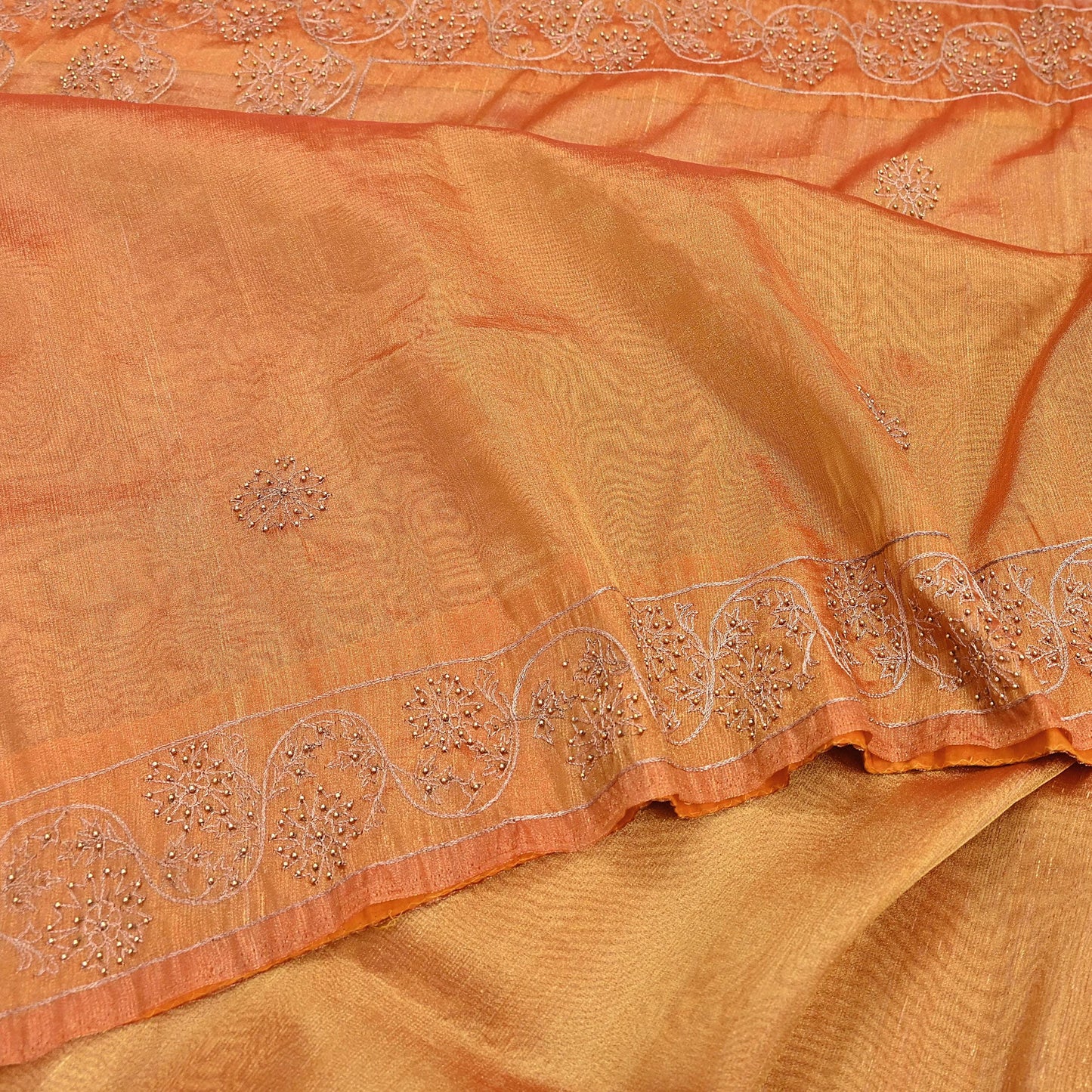Indian Vintage Saree Hand Embroidered Sari Golden Zardozi Tissue Fabric 5yd Ethnic
