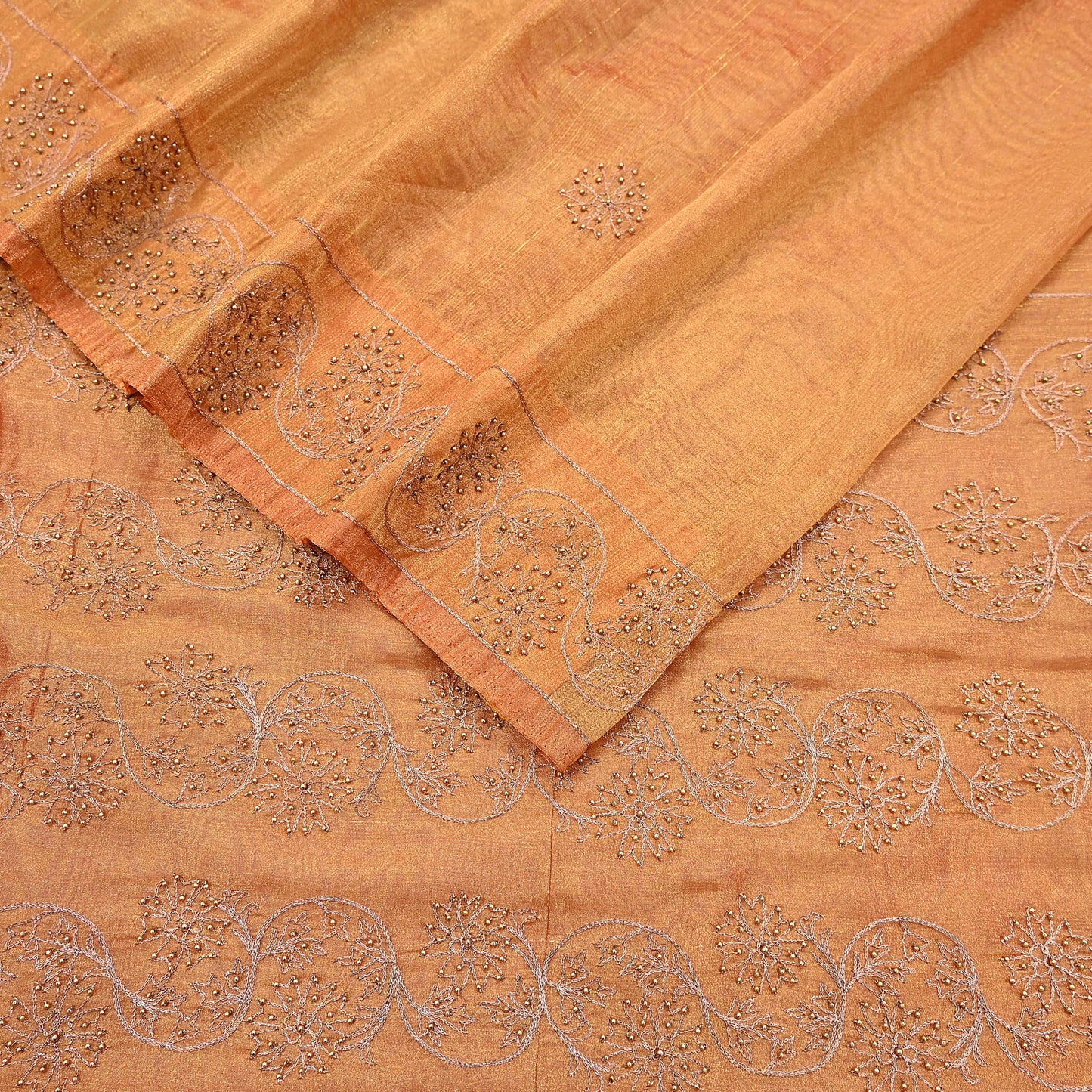 Indian Vintage Saree Hand Embroidered Sari Golden Zardozi Tissue Fabric 5yd Ethnic