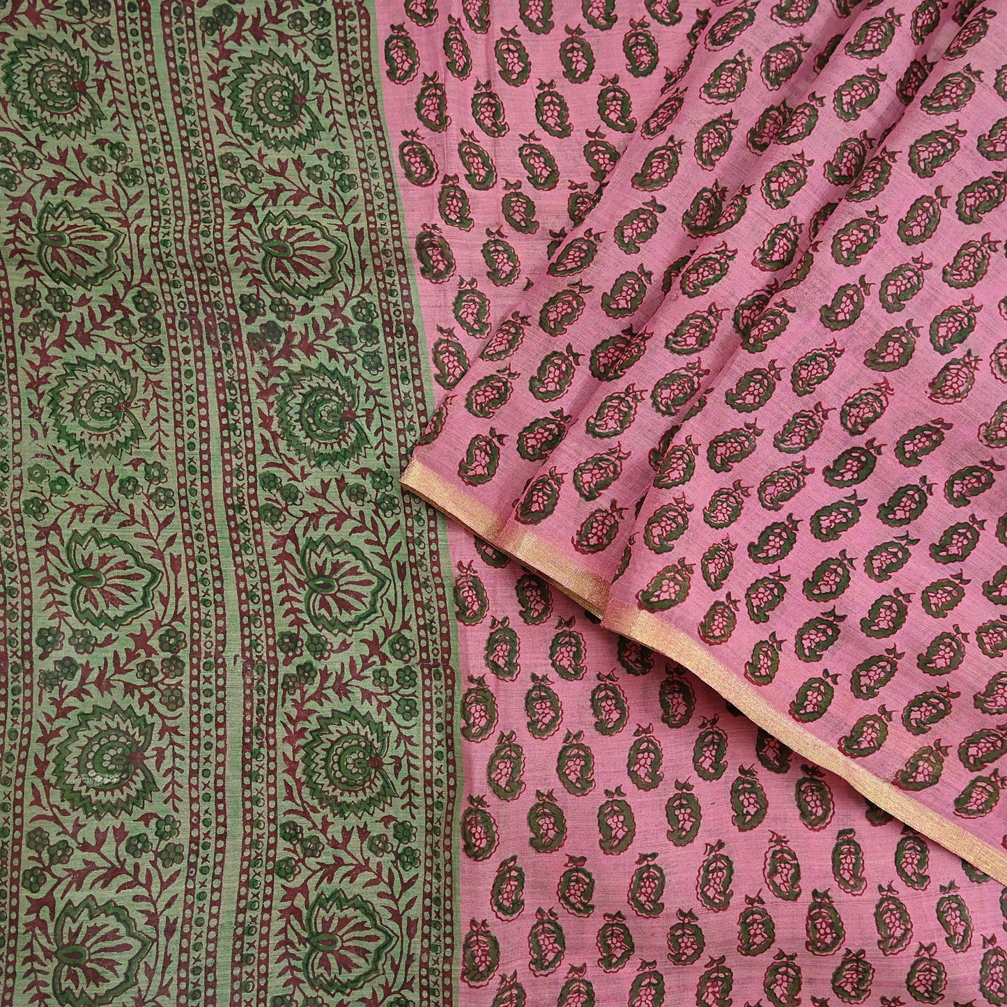 Indian Vintage Sari Green Block Printed Pure Cotton Saree Craft Fabric 5Yd Sewing Sarong Wrap Boho Crafting Upcycle Quilting Zari